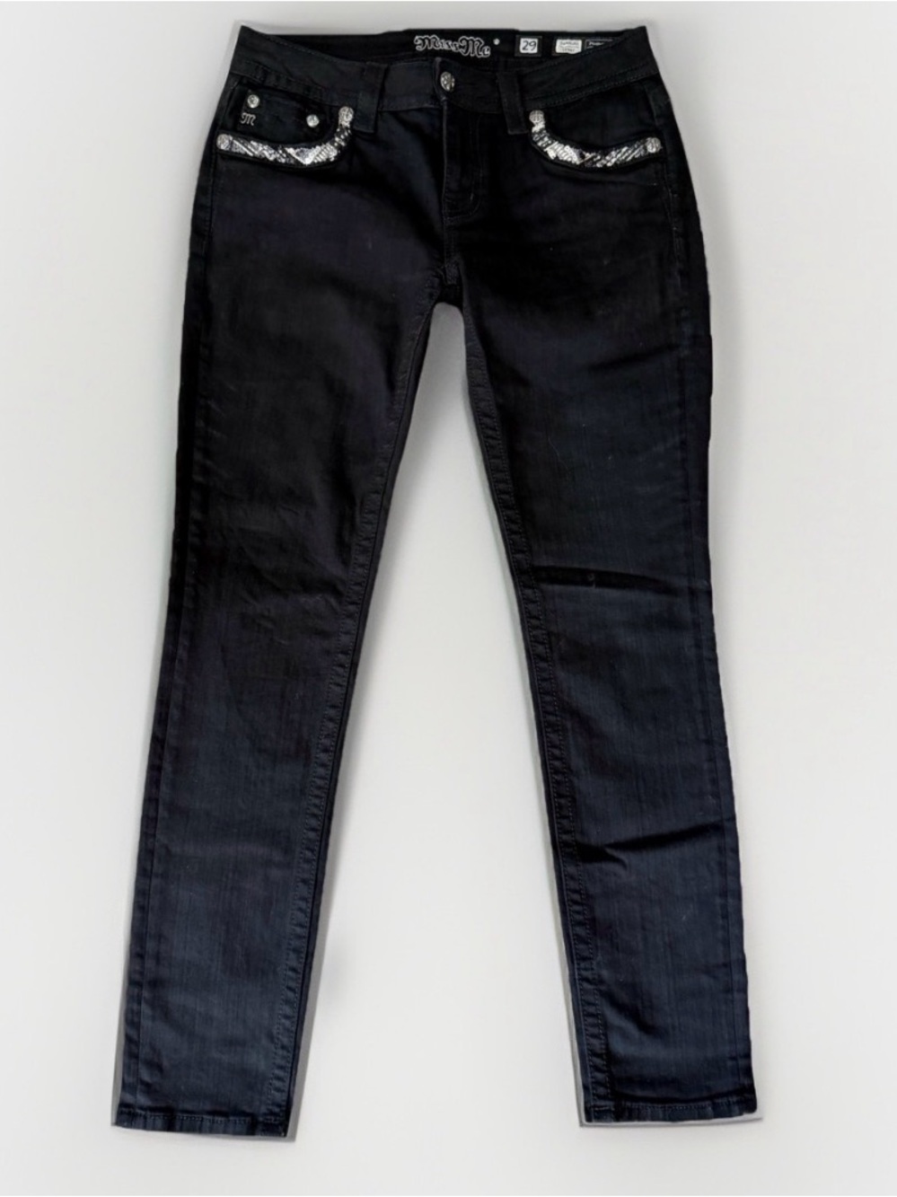 Womens Miss Me Jeans Size 29 X 30 Skinny Y2K Black Rhinestone Embellished Sequin - Picture 2 of 10